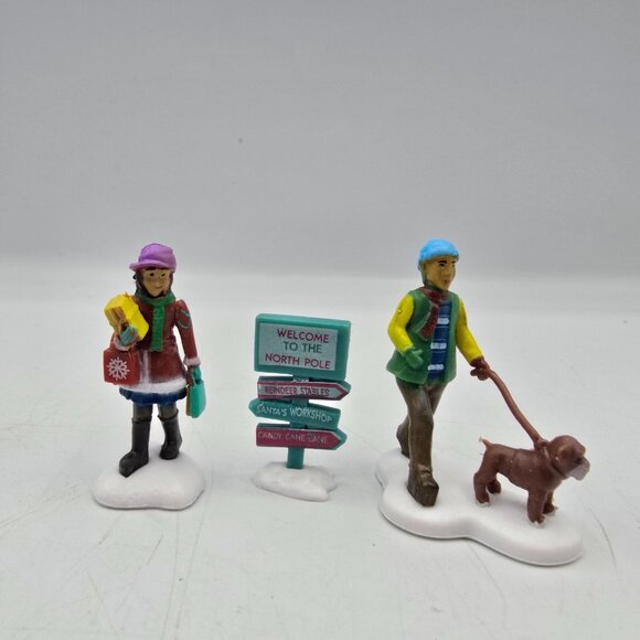 Cobblestone Corners Christmas Village People Figurines North Pole Sign Shopping - Picture 3 of 8